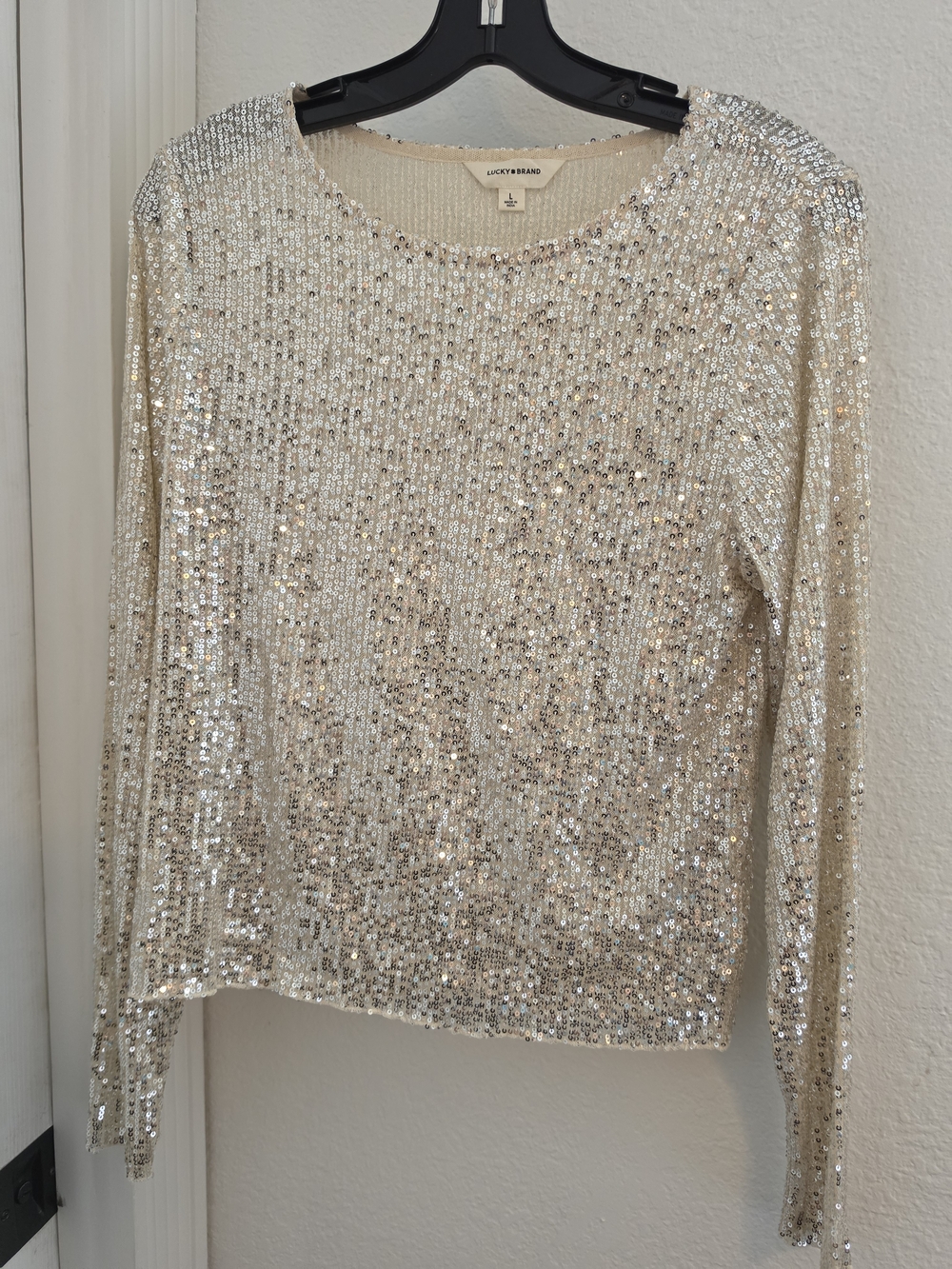 Lucky Brand Cream Sequin Long Sleeve Crewneck Top